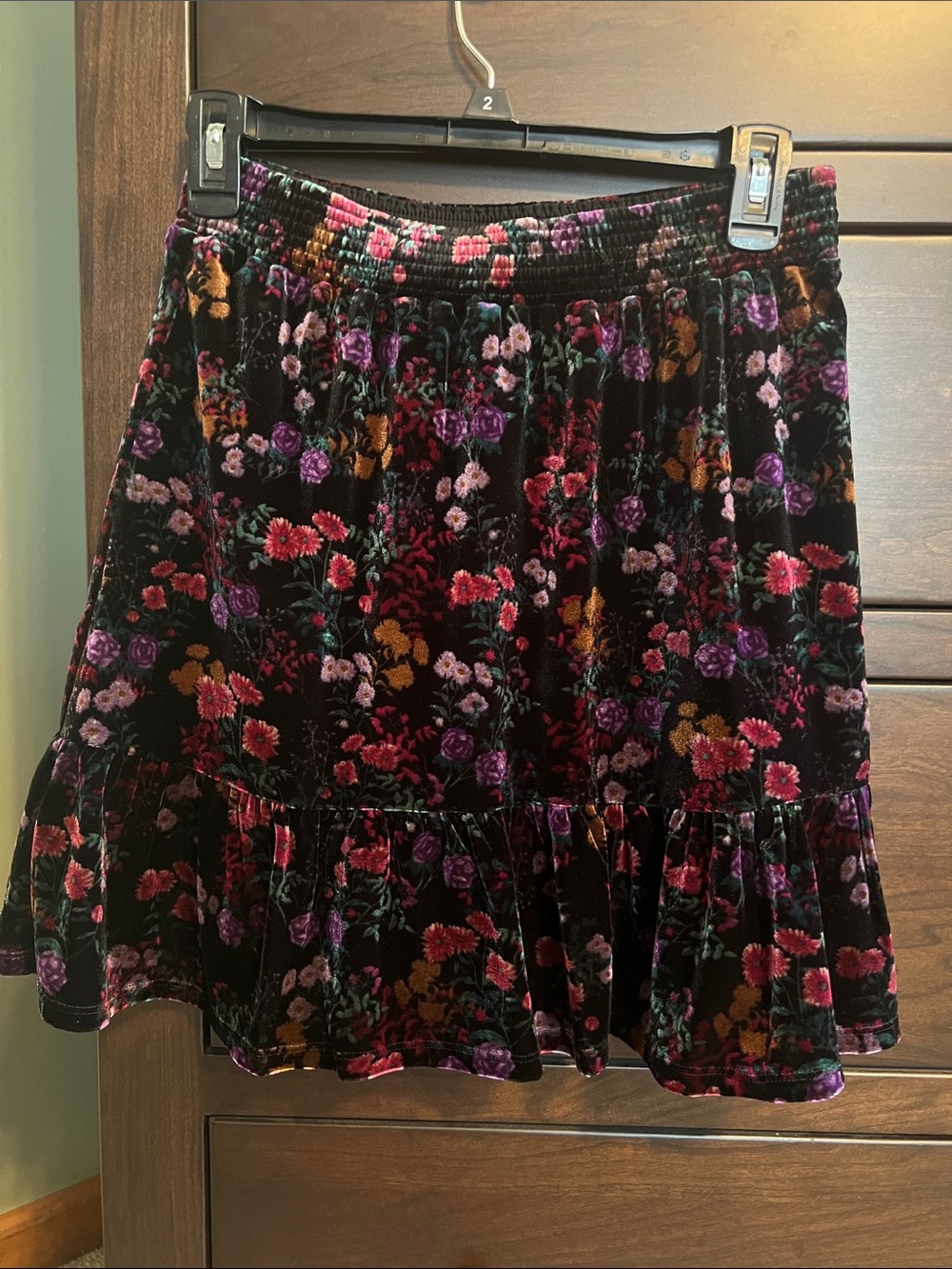LOFT Velvet Floral A-Line Skirt - Black with Pink, Purple & Gold Flowers